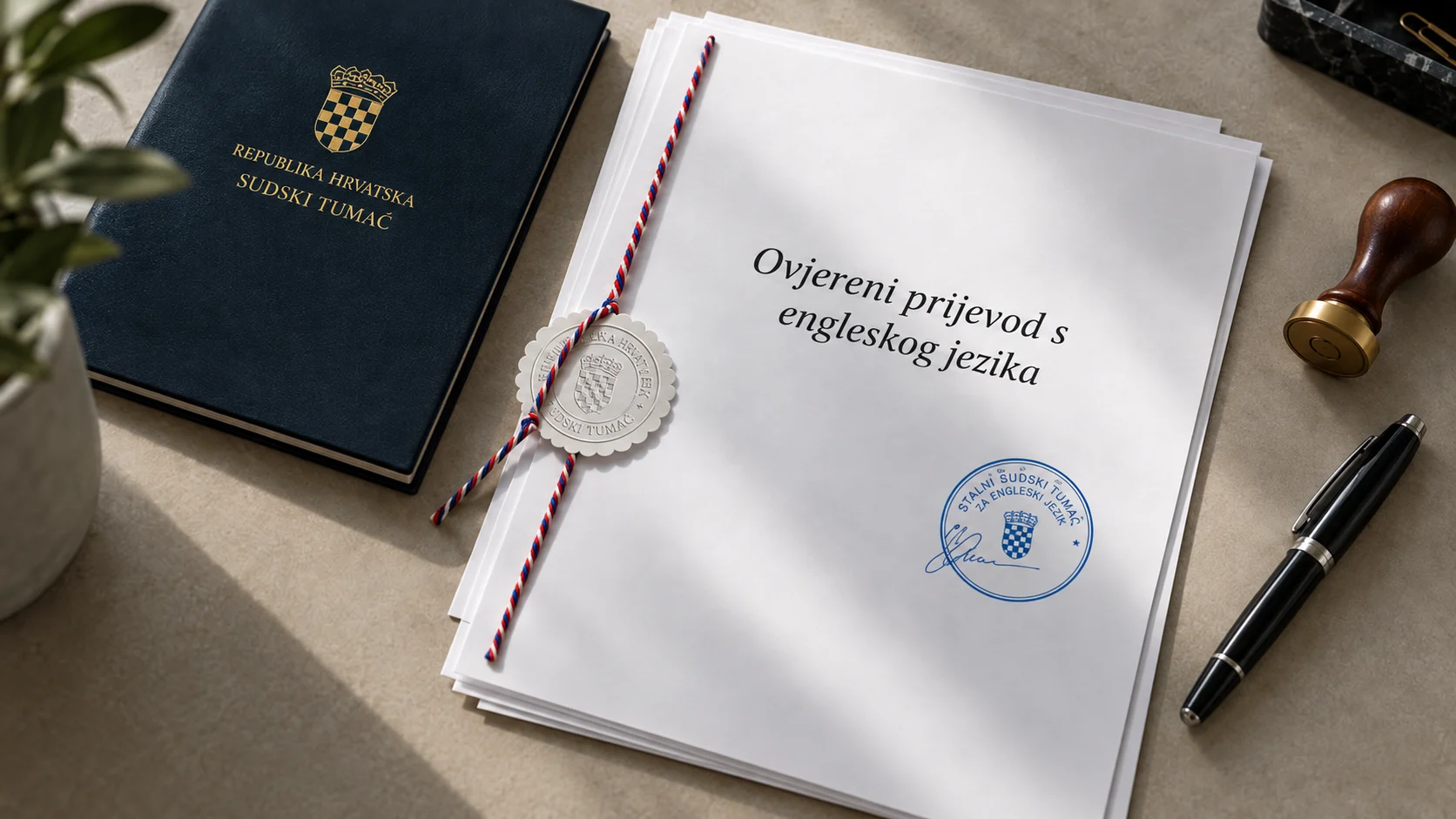 Uvezani ovjereni prijevod, putovnica i pečat na stolu